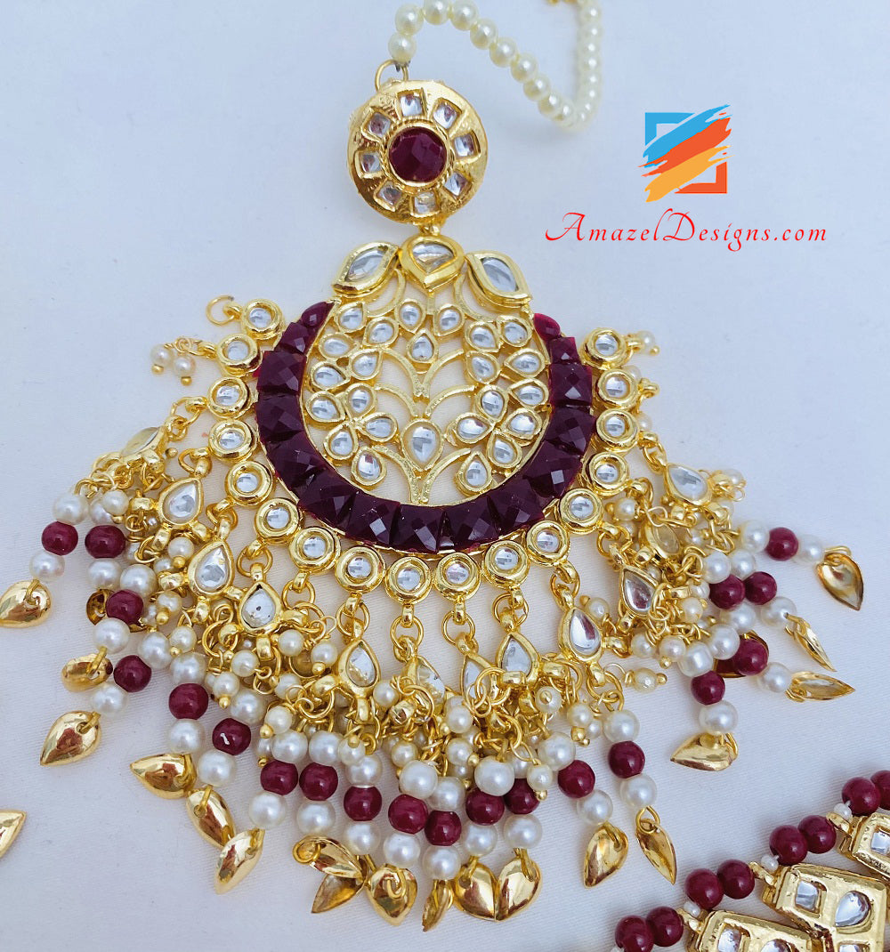 Oversized Kundan Pippal Patti Maroon Earrings Tikka Set