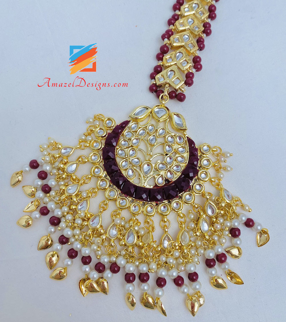 Oversized Kundan Pippal Patti Maroon Earrings Tikka Set