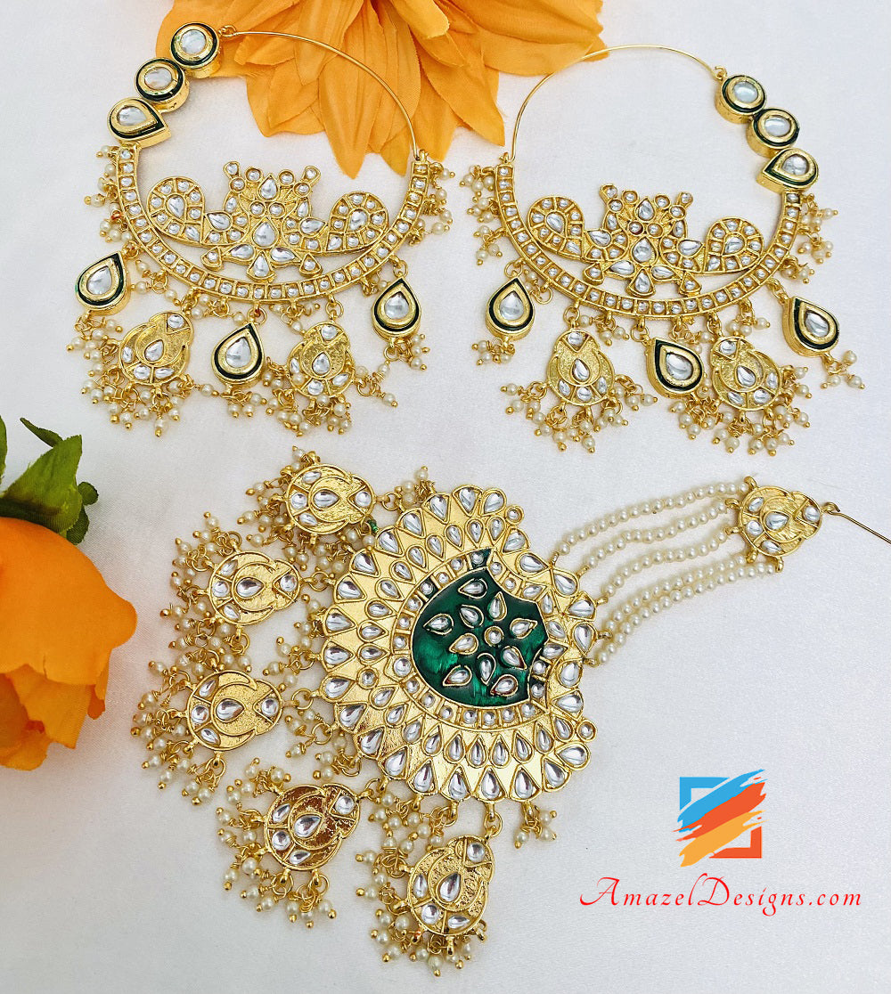 Oversized Kundan Waliyaan Balley Green Emerald Lightweight Passa set
