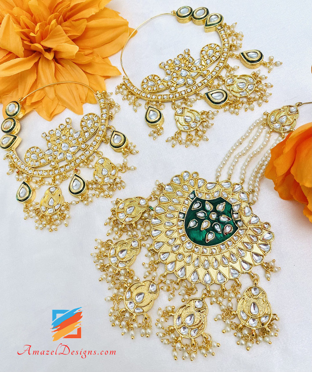 Oversized Kundan Waliyaan Balley Green Emerald Lightweight Passa set