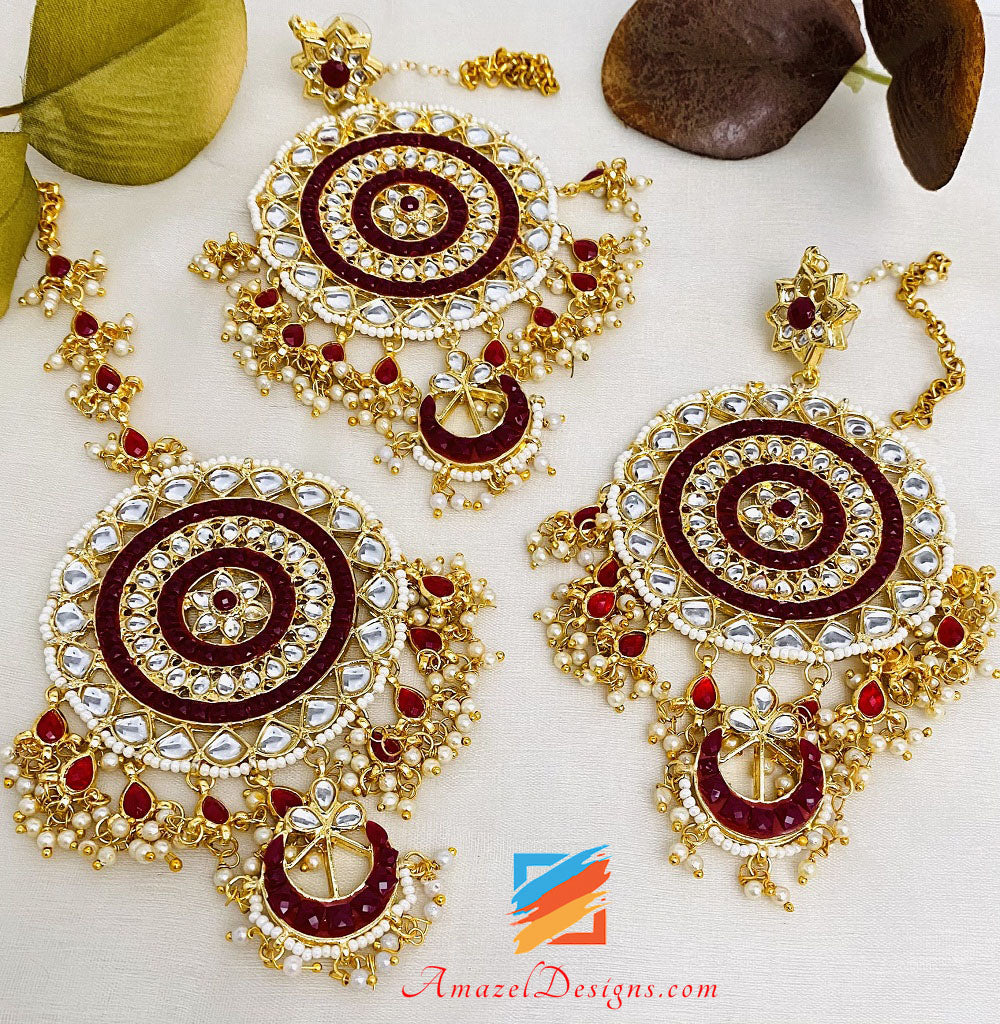 Oversized Mehroon Kundan Earrings Tikka Set