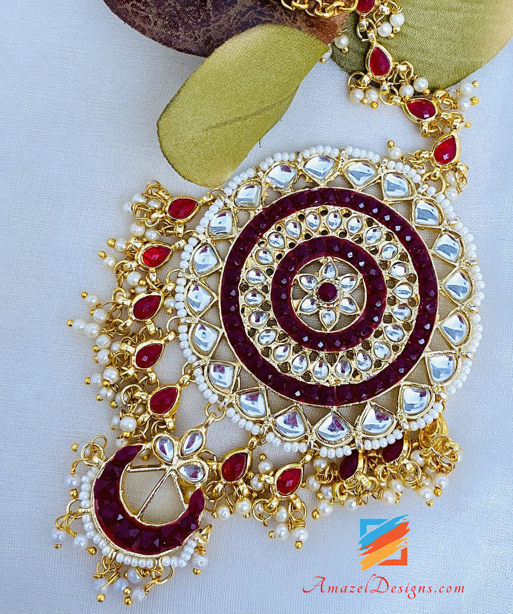 Oversized Mehroon Kundan Earrings Tikka Set