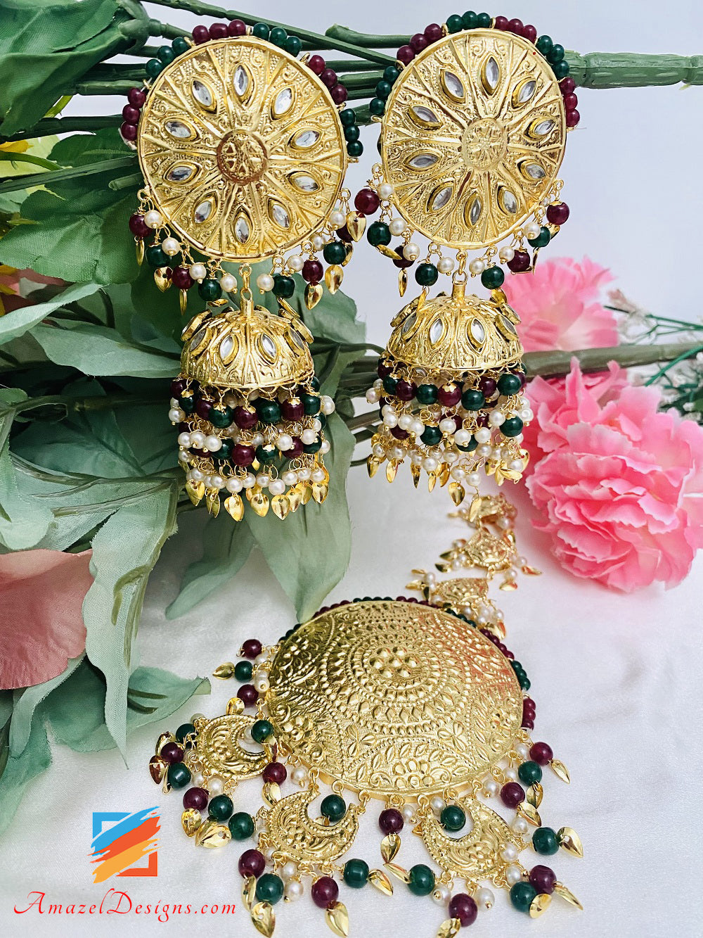Oversized Multicoloured Lightweight Earrings Tikka Kundan Pippal Patti Traditional Set