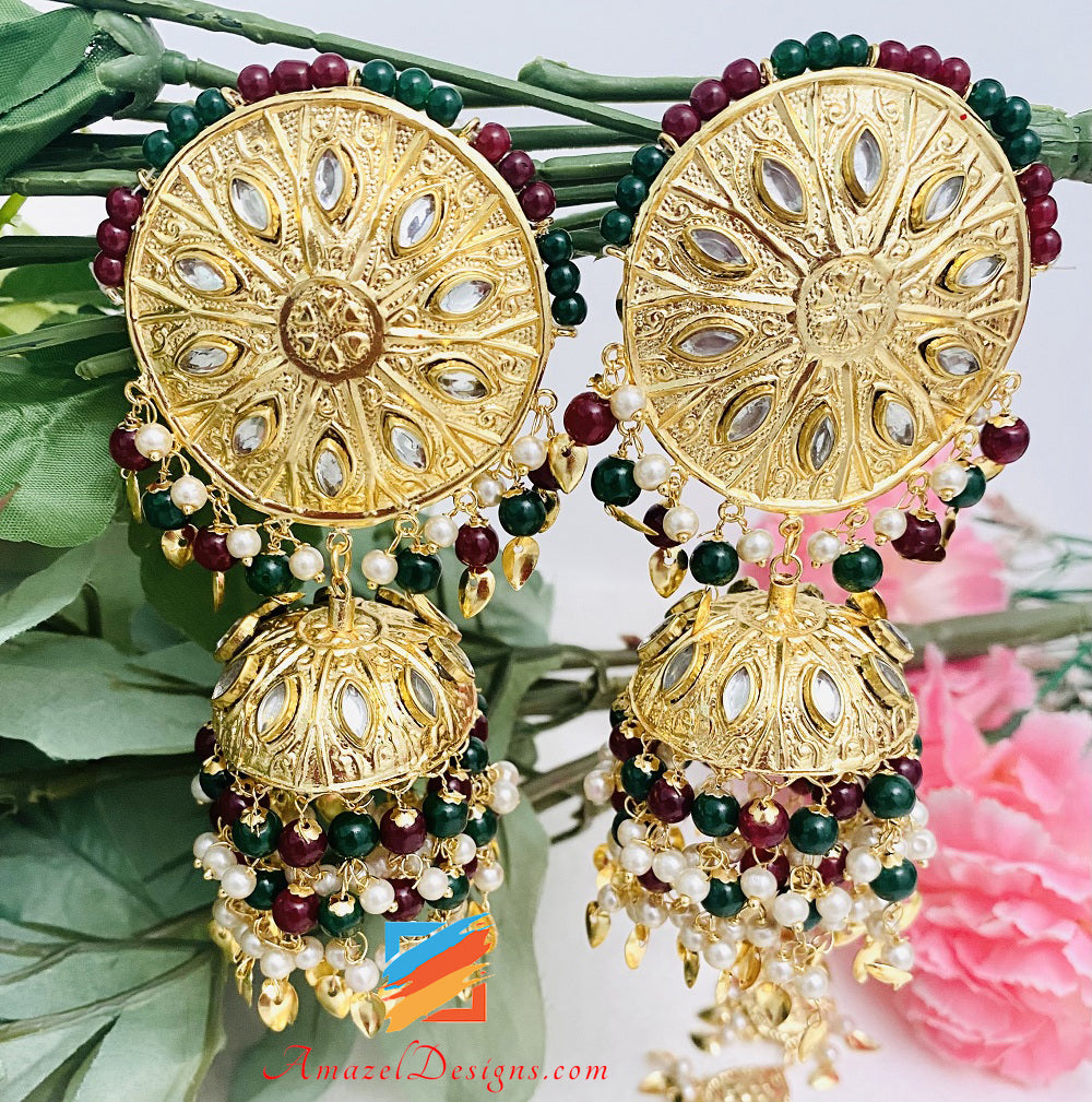 Oversized Multicoloured Lightweight Earrings Tikka Kundan Pippal Patti Traditional Set