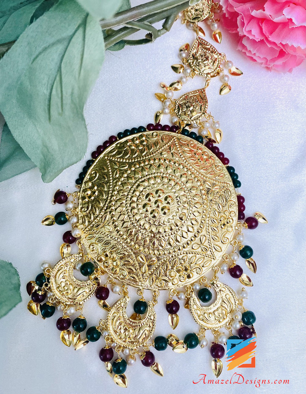 Oversized Multicoloured Lightweight Earrings Tikka Kundan Pippal Patti Traditional Set
