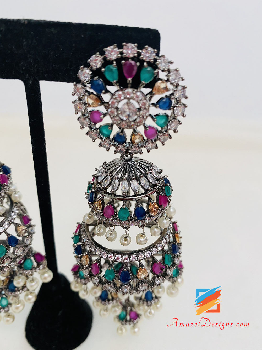 Oxidized American Diamond (AD) Multicoloured Earrings Tikka Set