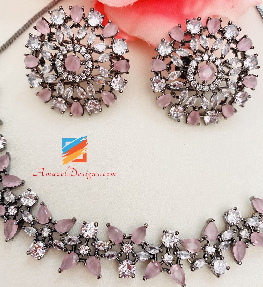 Oxidized Pink American Diamond Necklace Studs Tikka Set