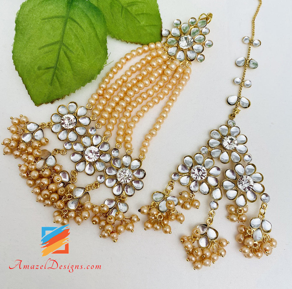 Golden Kundan Peach Crystal Lightweight Flexible Choker Earrings Tikka Passa Set