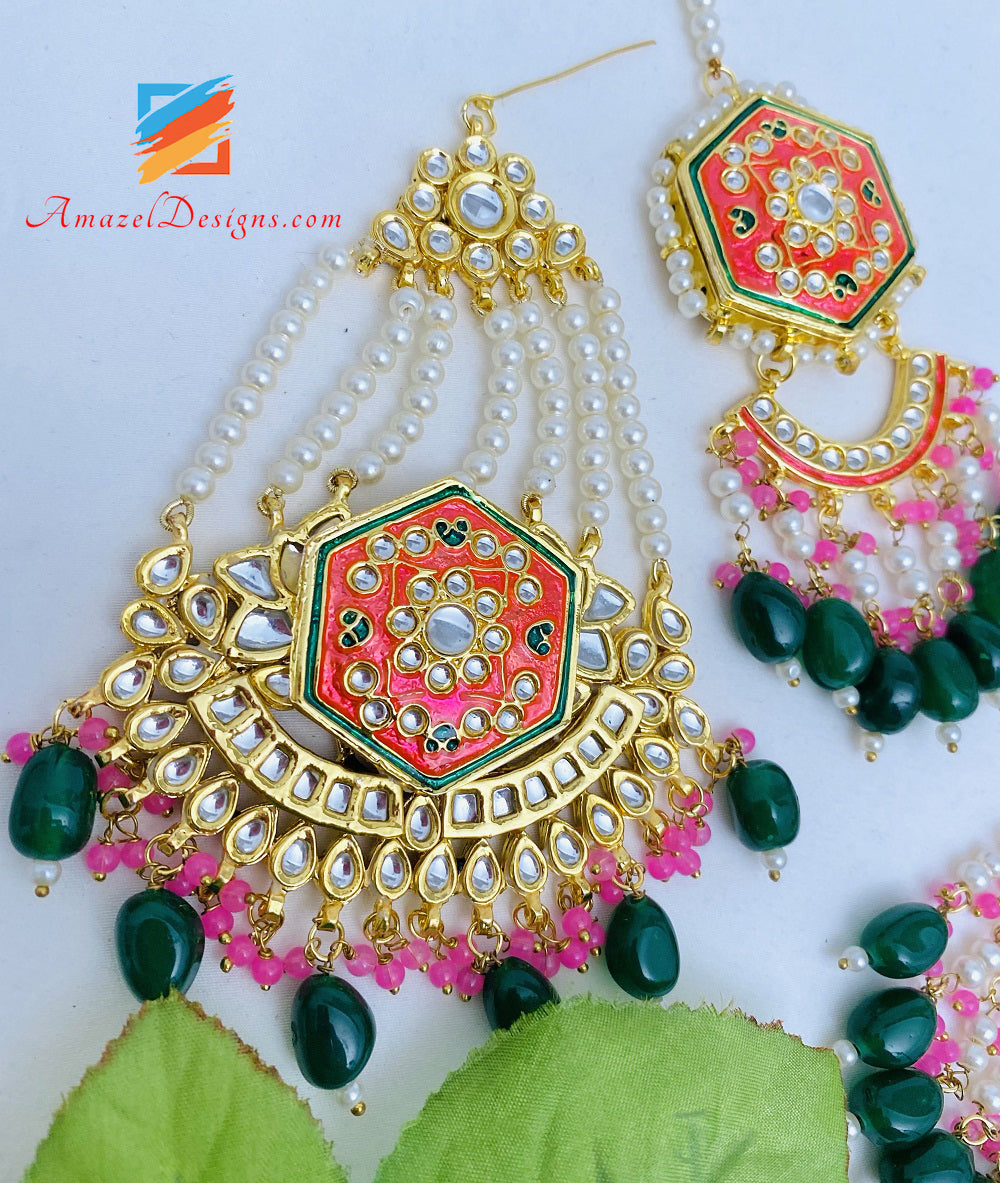 Bemalte rosa Kundan Ohrringe Tikka Passa Set