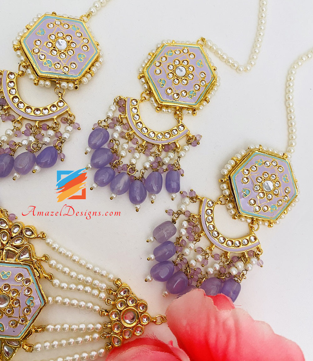 Bemalte Lila Mauve Lavendel Kundan Ohrringe Tikka Passa Set