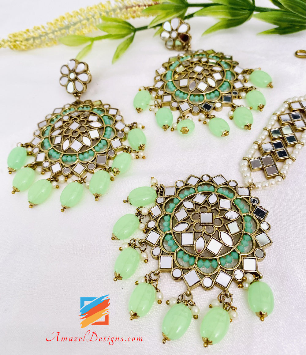 Parrot Green Sheesha Earrings Tikka Set