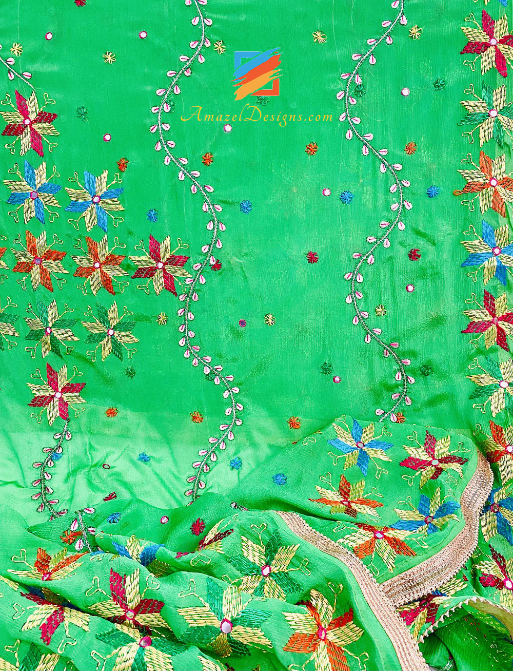 Papagei🦜 Green Gotta Patti Sheesha Phulkari Golden Kinari