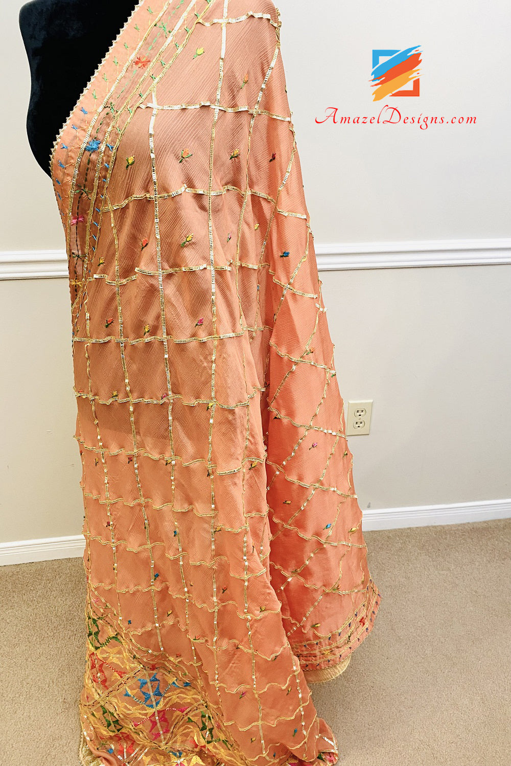 Peach Allover Aari Lavoro Phulkari