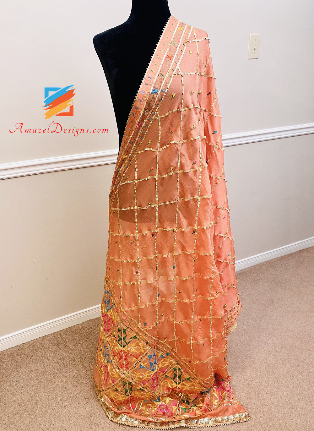 Peach Allover Aari Lavoro Phulkari