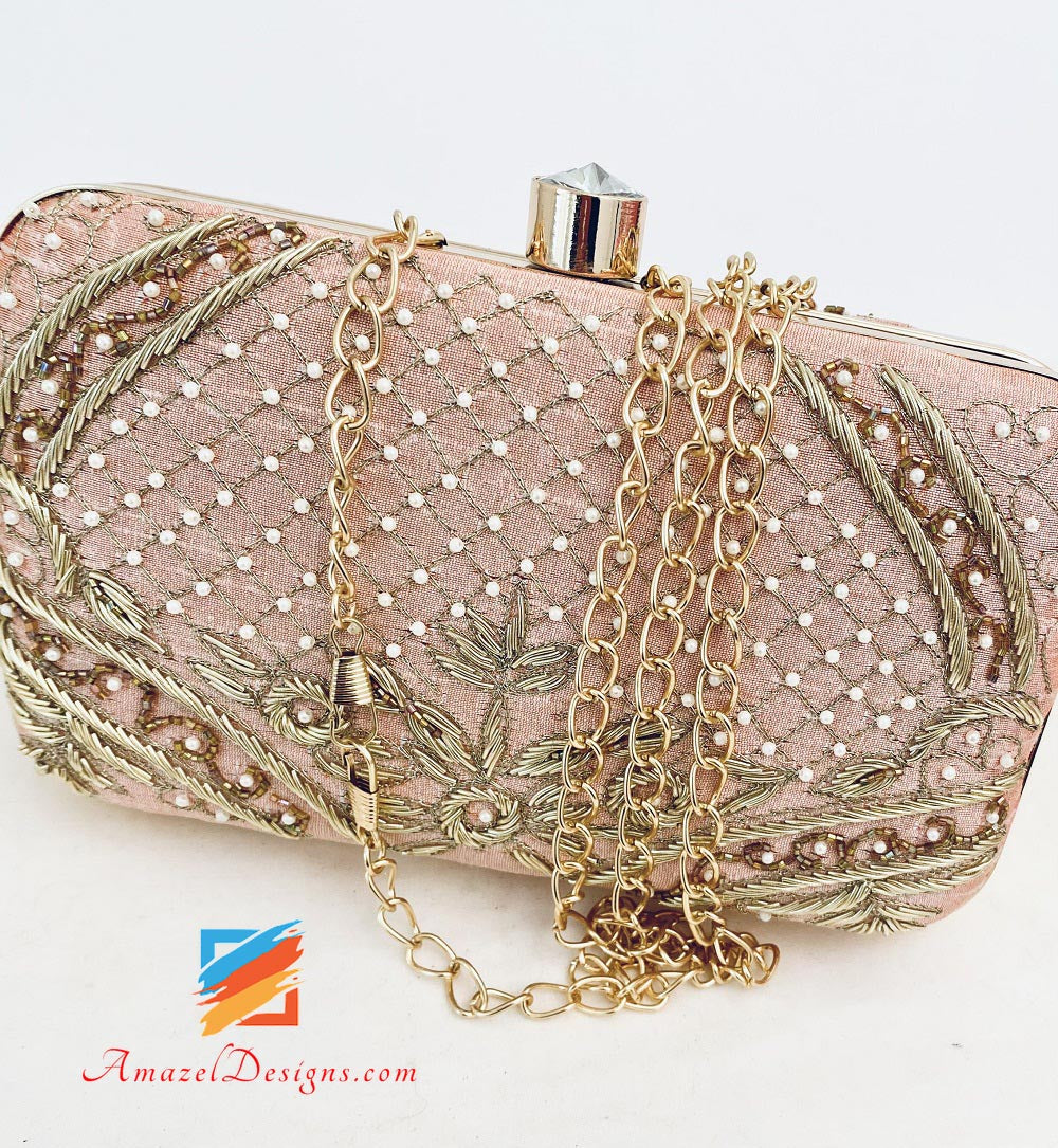 Peach Clutch Both Sides Sippi Moti Dabka Work