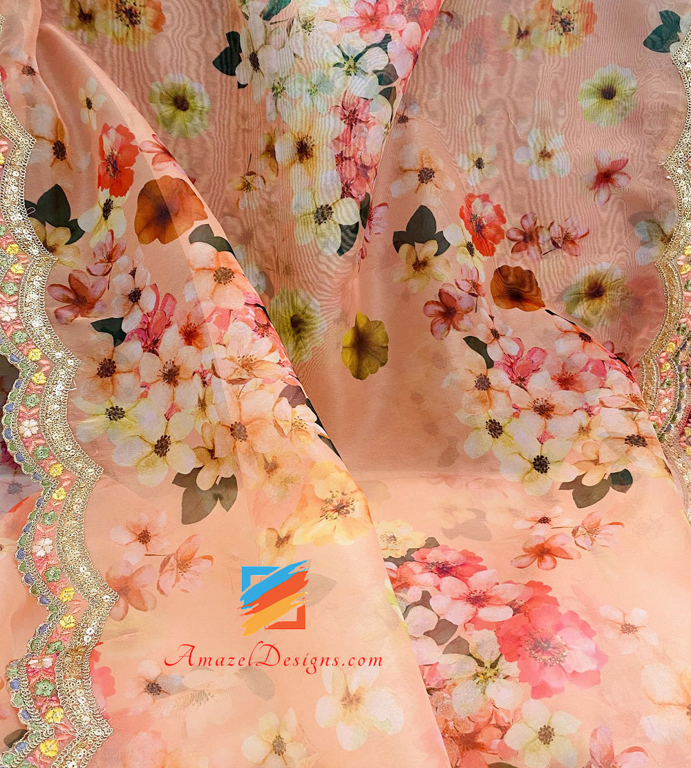 Pizzo intagliato a quattro lati stampato in organza color pesca