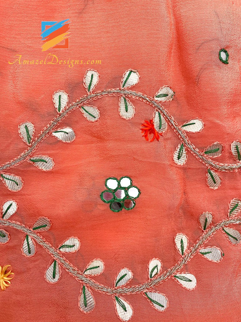 Peach Gotta Patti Mirror Phulkari with Mirror Lace