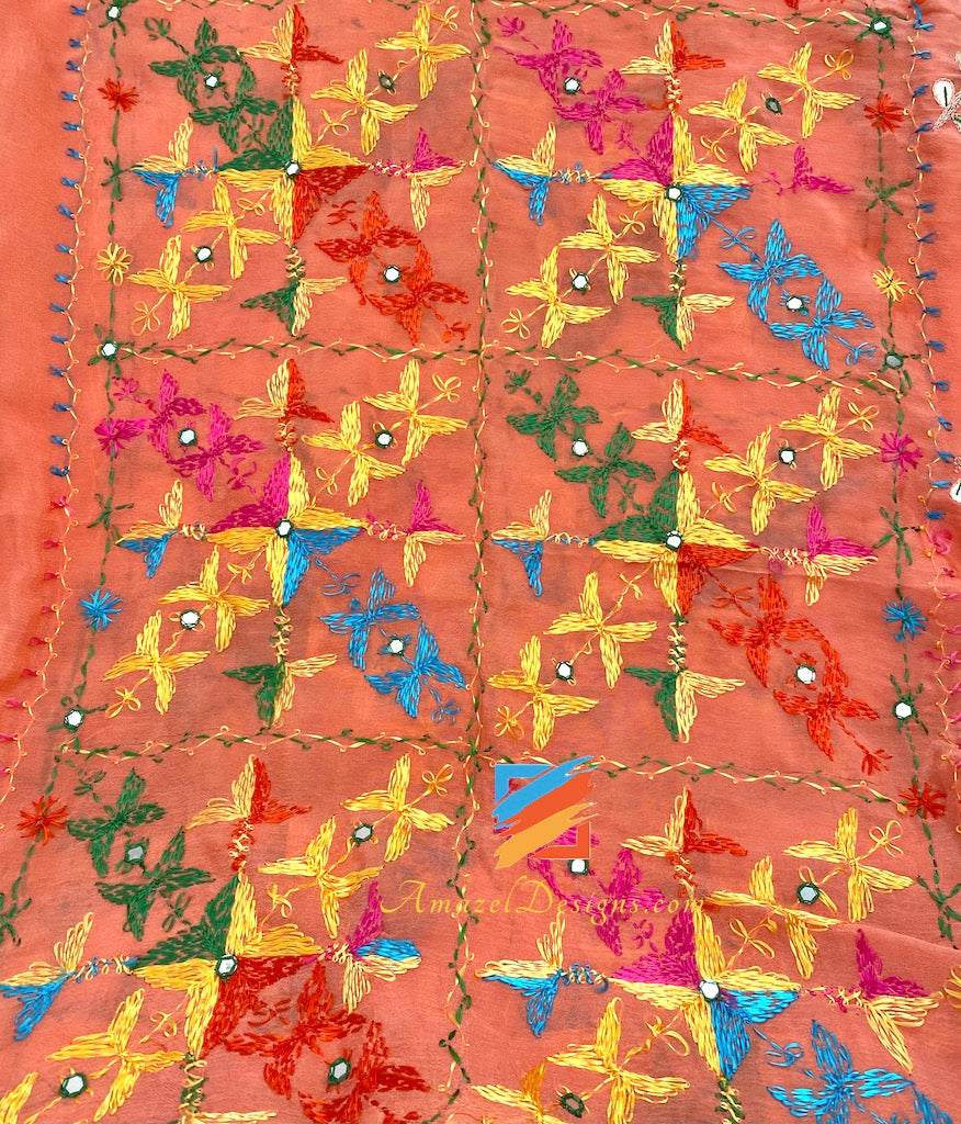 Peach Gotta Patti Mirror Phulkari with Mirror Lace