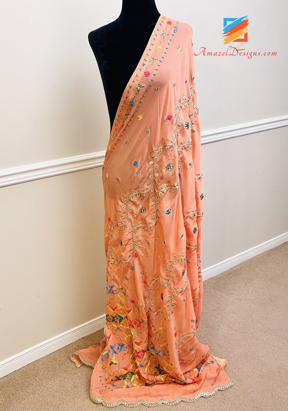 Peach Gotta Patti Mirror Phulkari with Mirror Lace