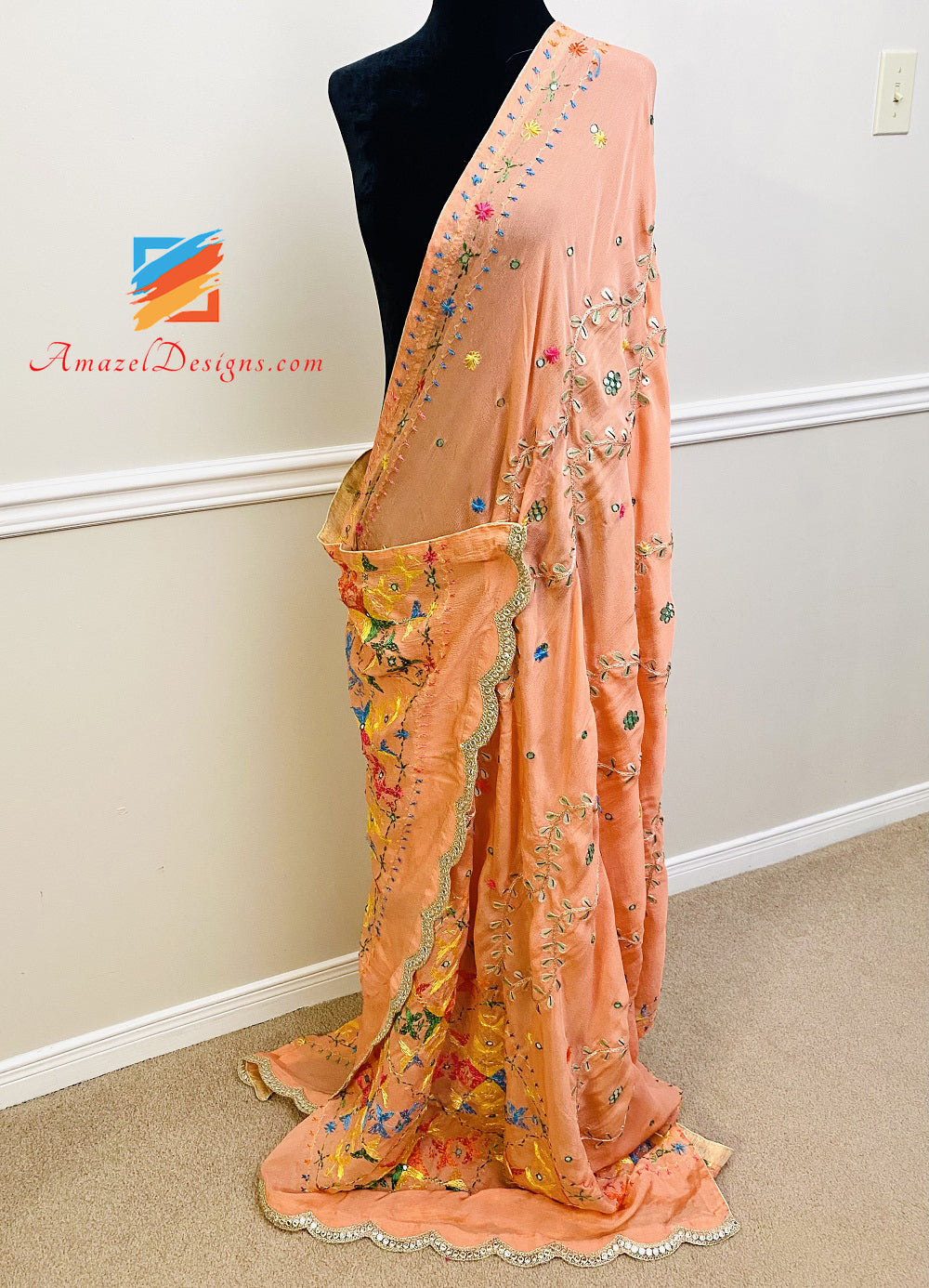 Peach Gotta Patti Mirror Phulkari with Mirror Lace