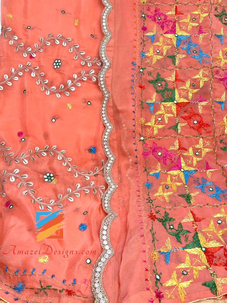 Peach Gotta Patti Mirror Phulkari with Mirror Lace