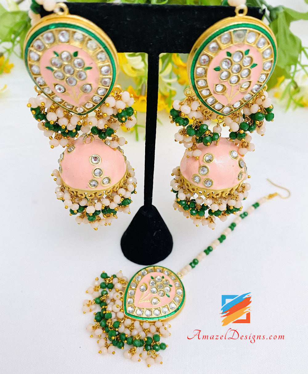 Peach Kundan Hand Painted Jhumki Earrings Tikka Set