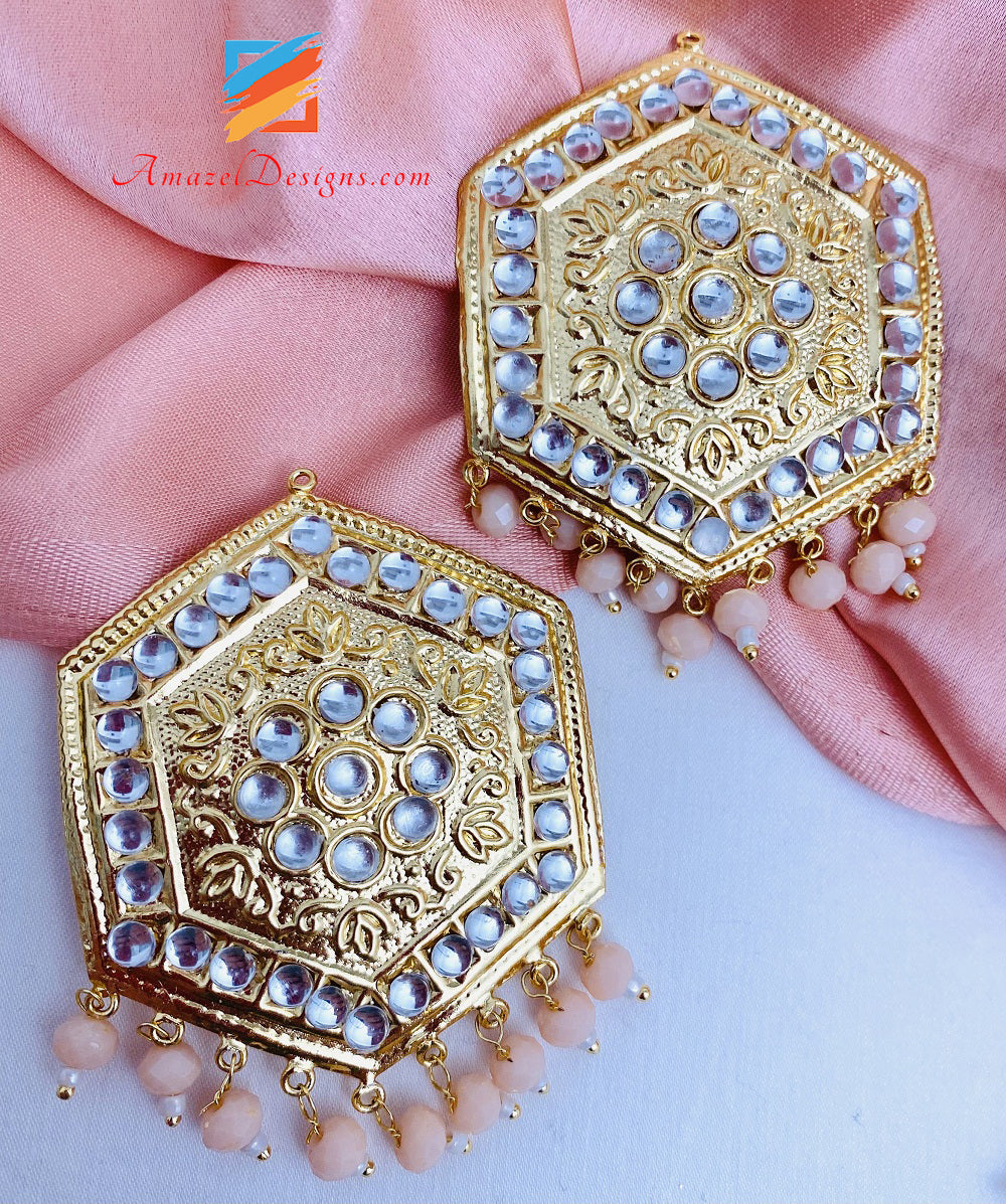 Peach Lightweight Kundan Choker Necklace Studs Earrings Tikka Set
