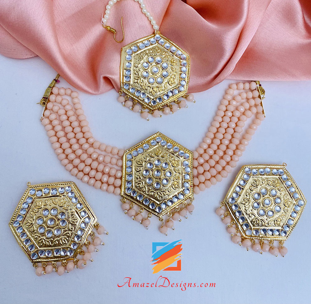 Peach Lightweight Kundan Choker Necklace Studs Earrings Tikka Set