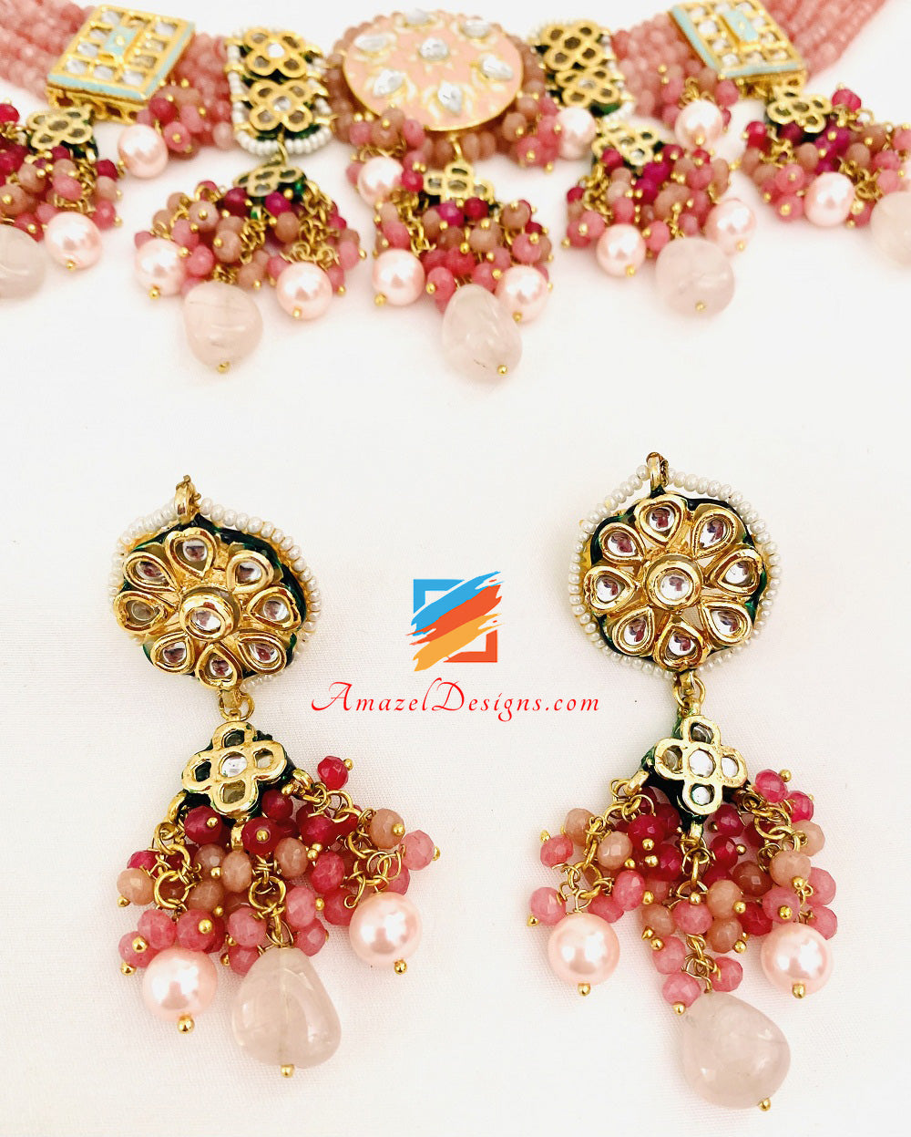 Set collana e orecchini dipinti a mano Peach Meenakari