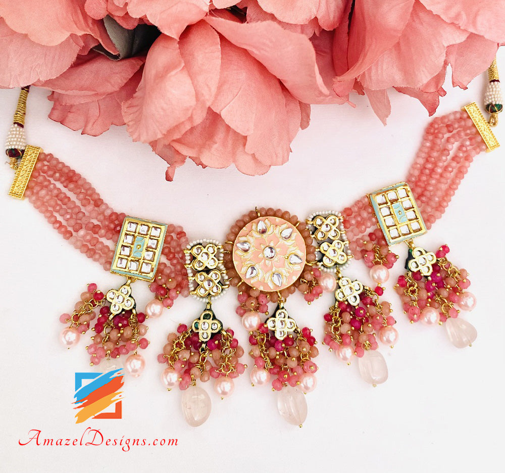 Set collana e orecchini dipinti a mano Peach Meenakari