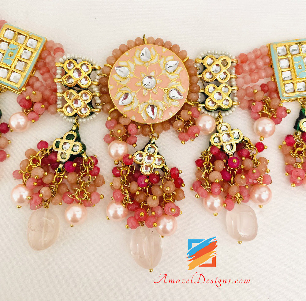 Set collana e orecchini dipinti a mano Peach Meenakari