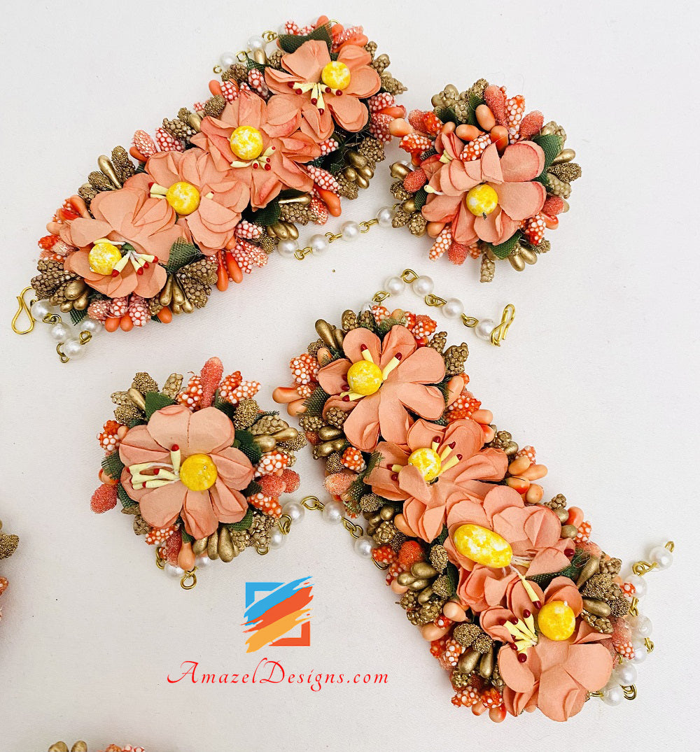 Peach Necklace Jhumka Earrings Hand Pieces Tikka Flower Set