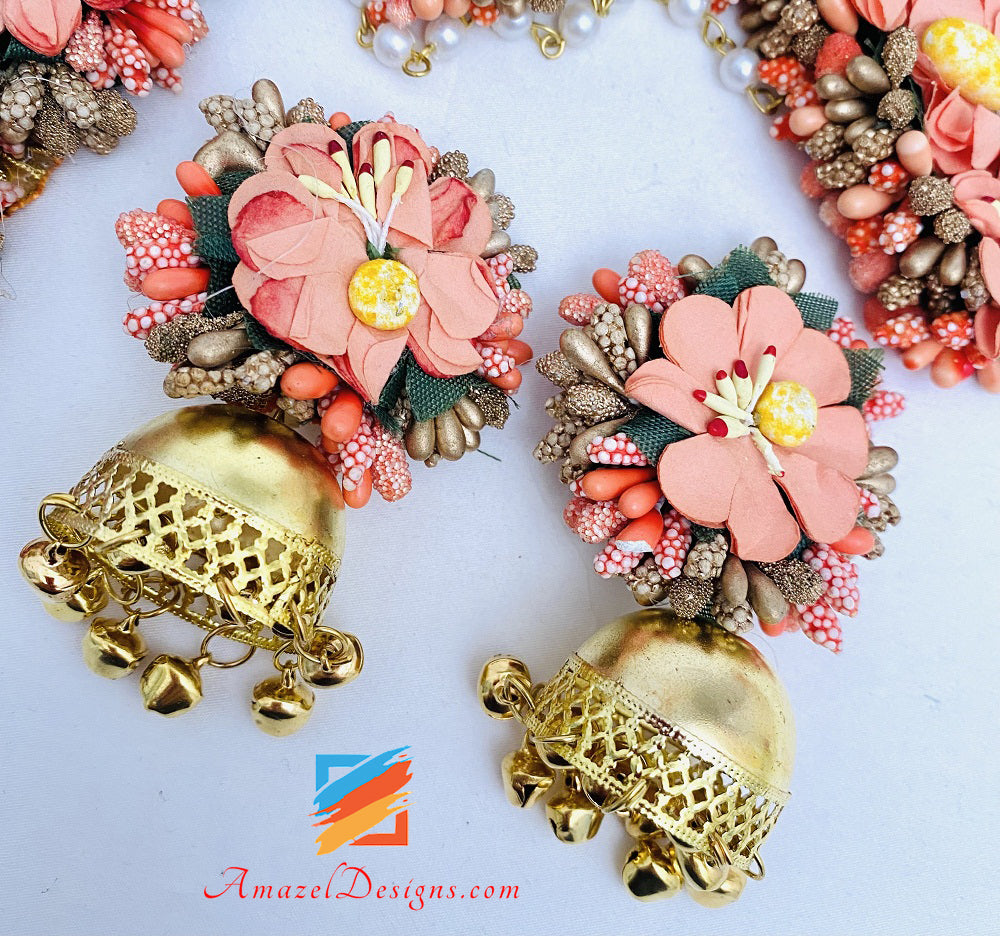 Peach Necklace Jhumka Earrings Hand Pieces Tikka Flower Set