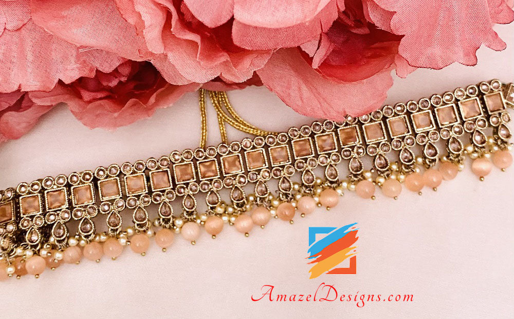 Peach Polki Choker Earrings Tikka Set