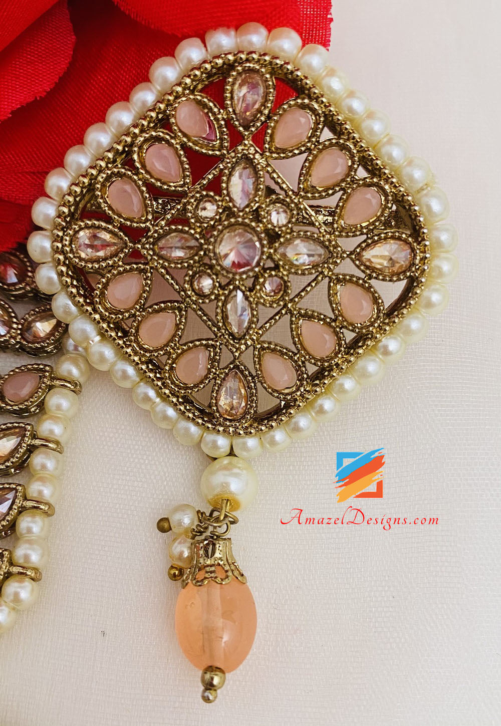 Peach Polki Studs Tikka Set