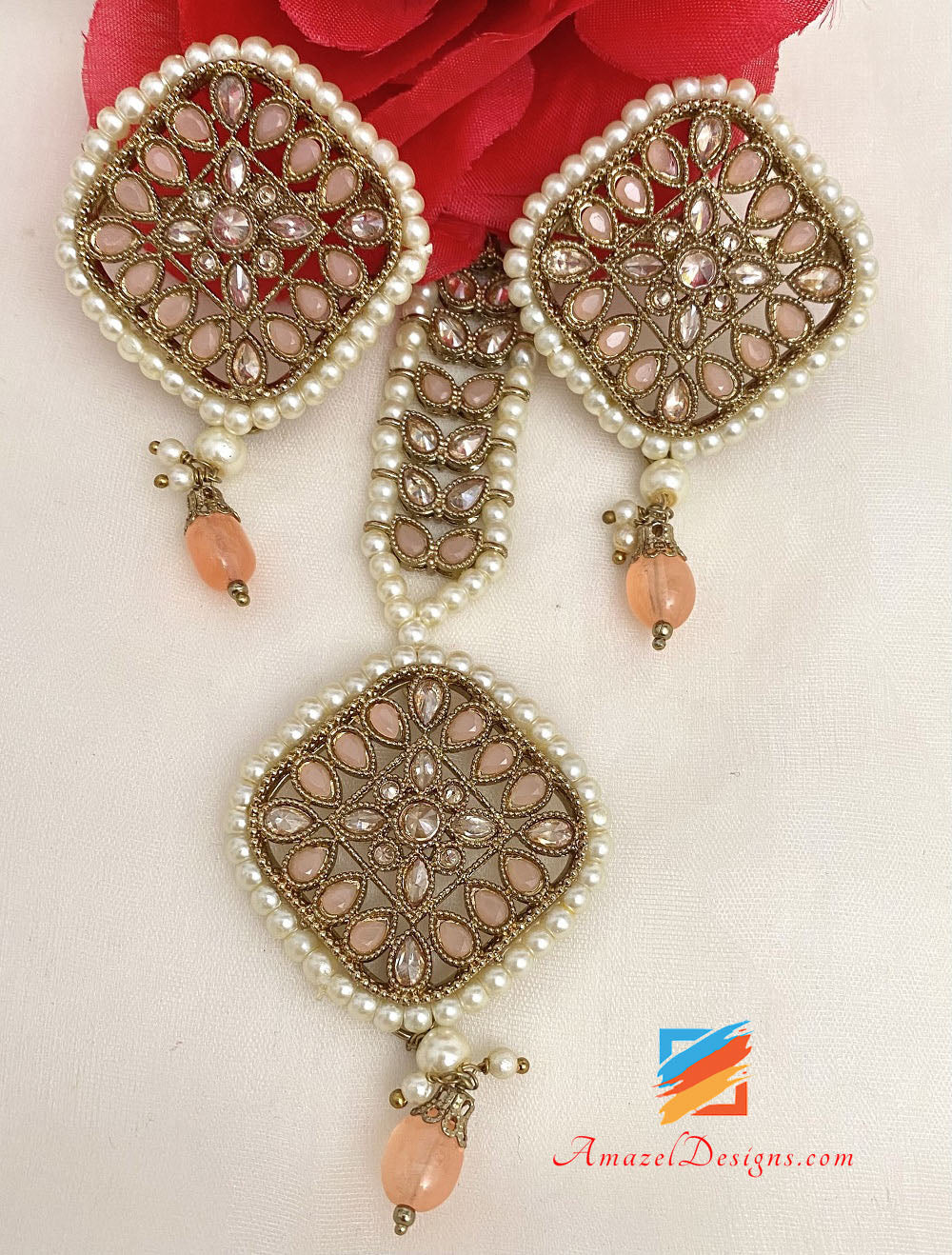 Peach Polki Studs Tikka Set