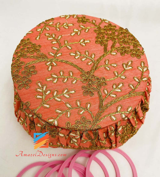 Peach with Golden Work Shagun (Shagan) Matka Potli  - Jewellery Makeup Box