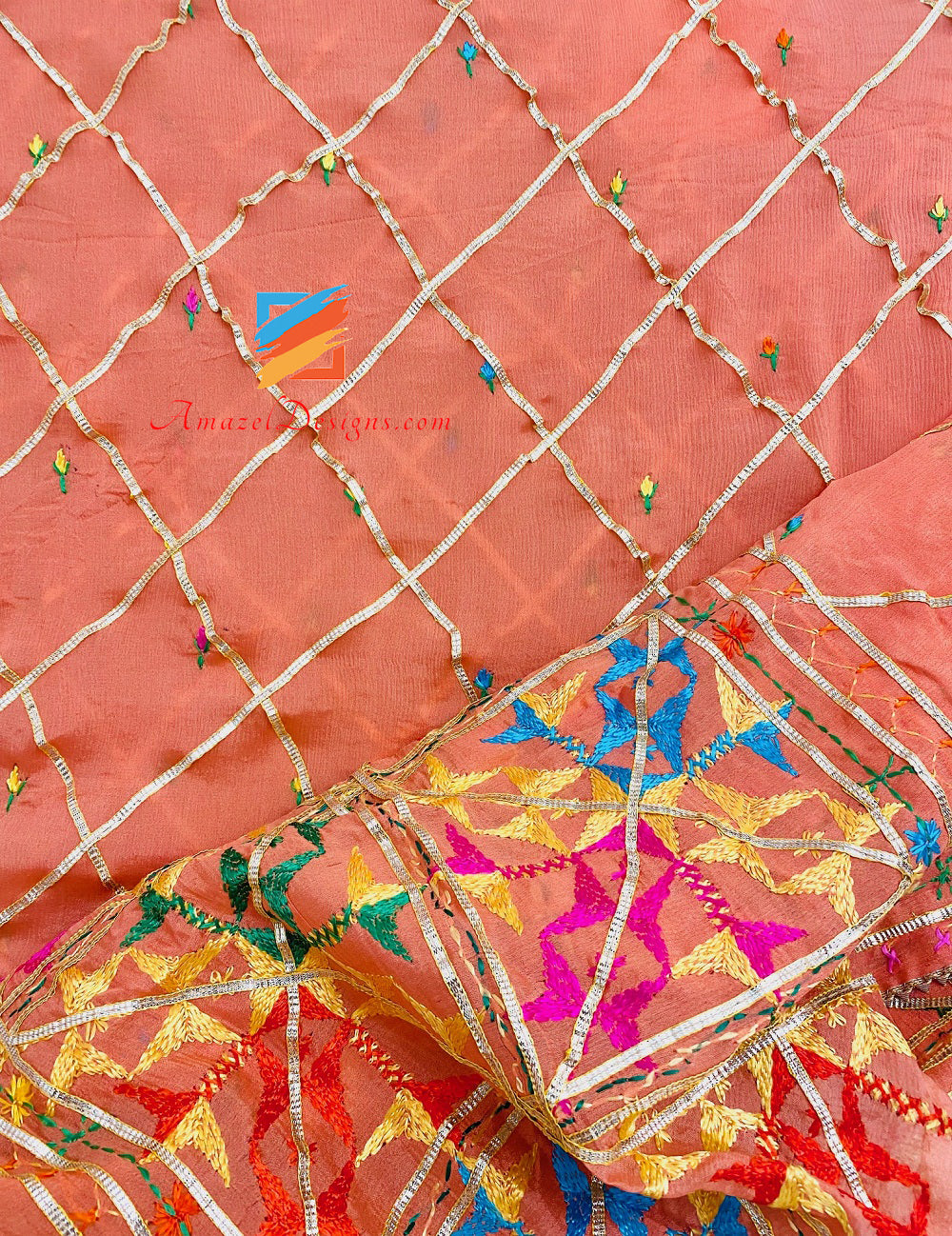 Peach Allover Aari Lavoro Phulkari