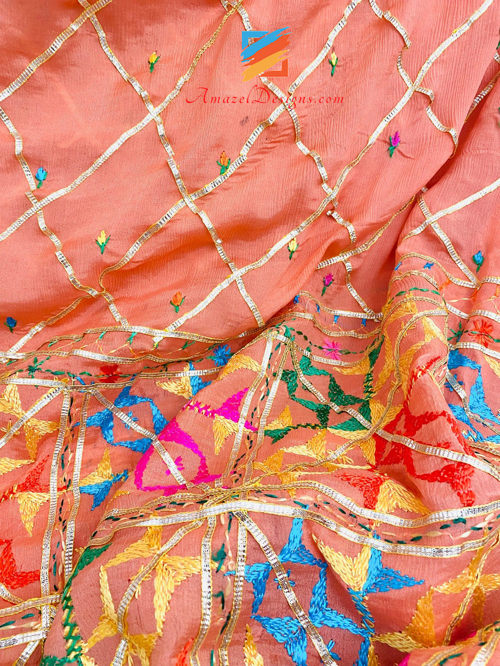 Peach Allover Aari Lavoro Phulkari