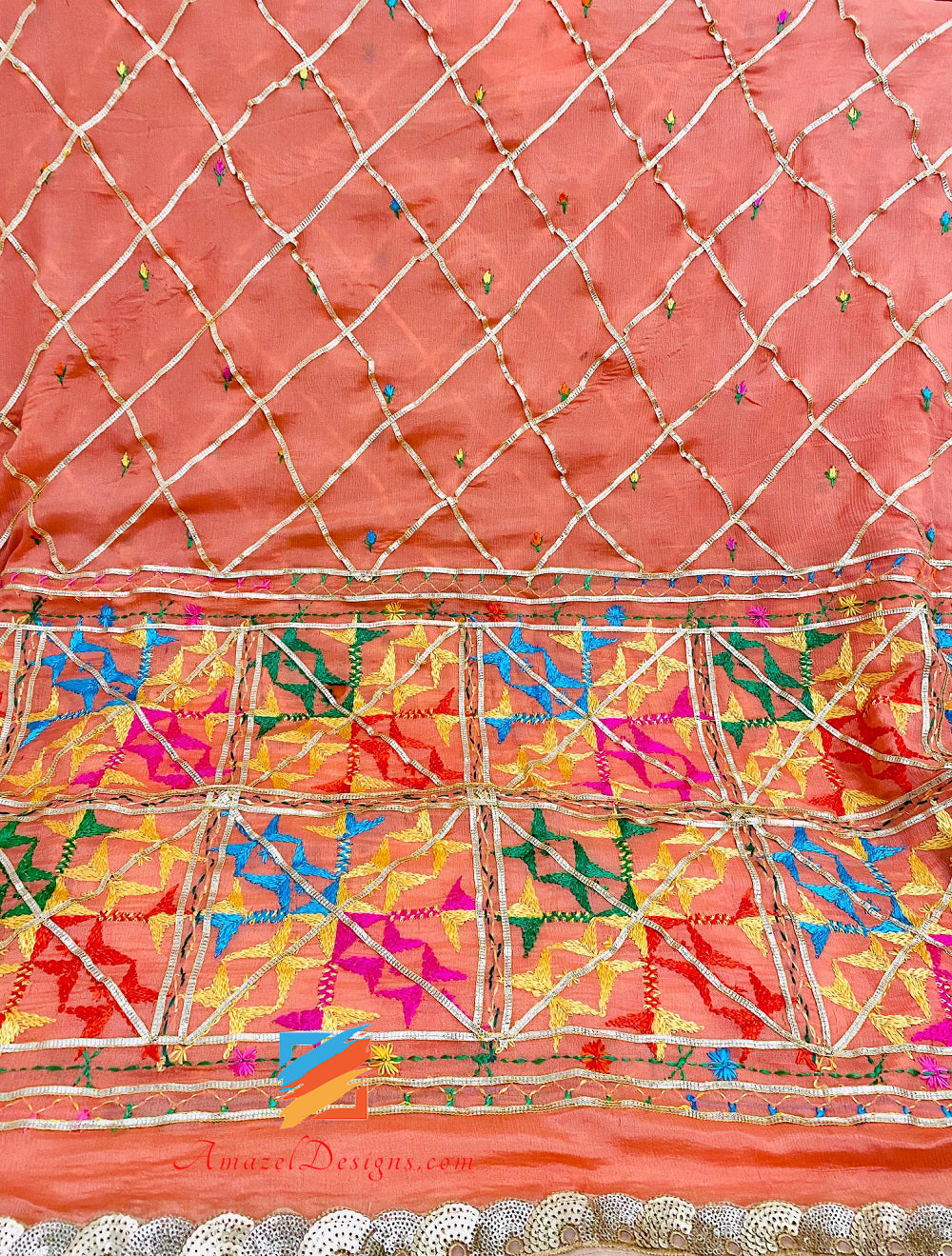 Peach Allover Aari Lavoro Phulkari