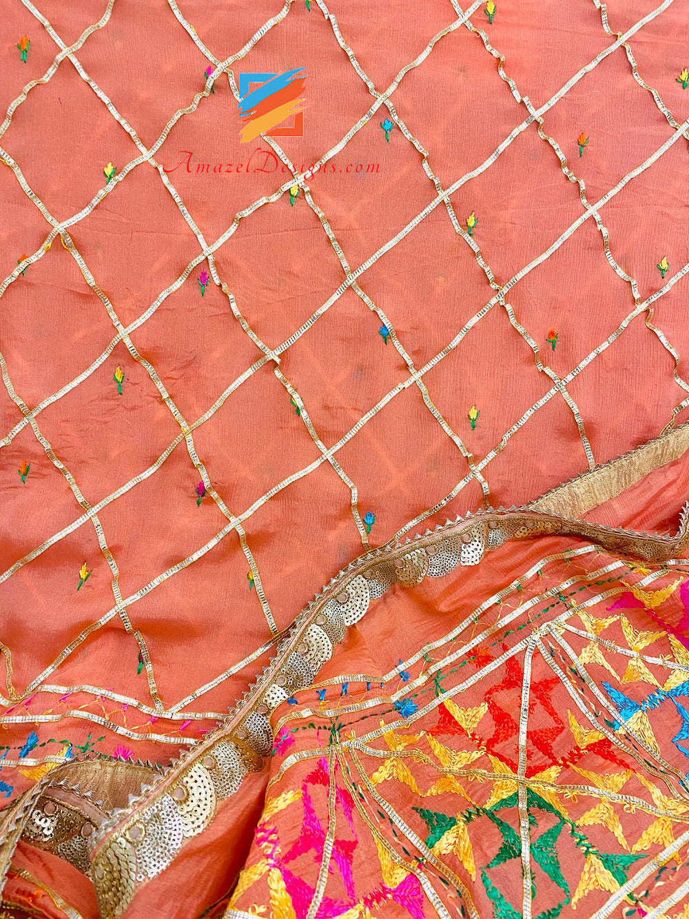 Peach Allover Aari Lavoro Phulkari
