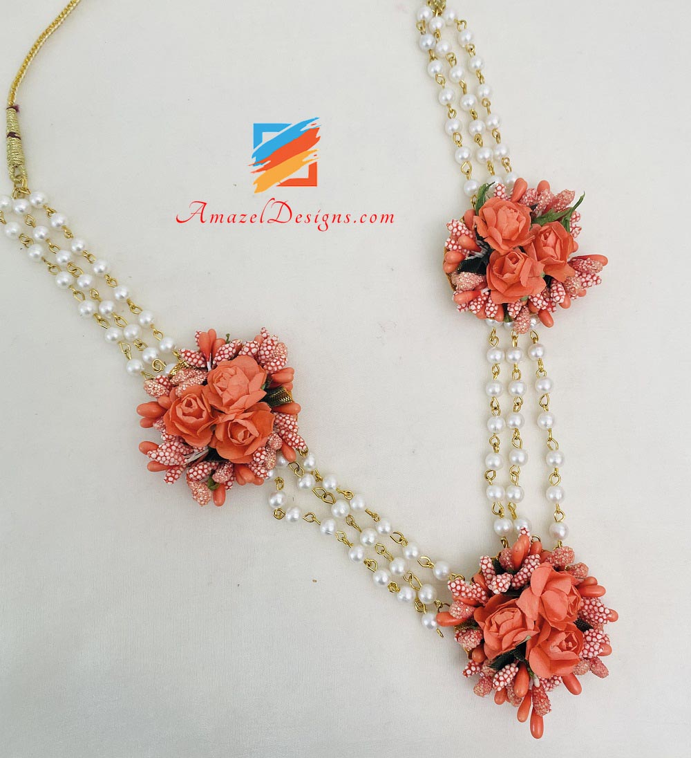 Peachy Orange Choker With Long Mala Earrings Tikka And Hand Pieces With Attached Rings