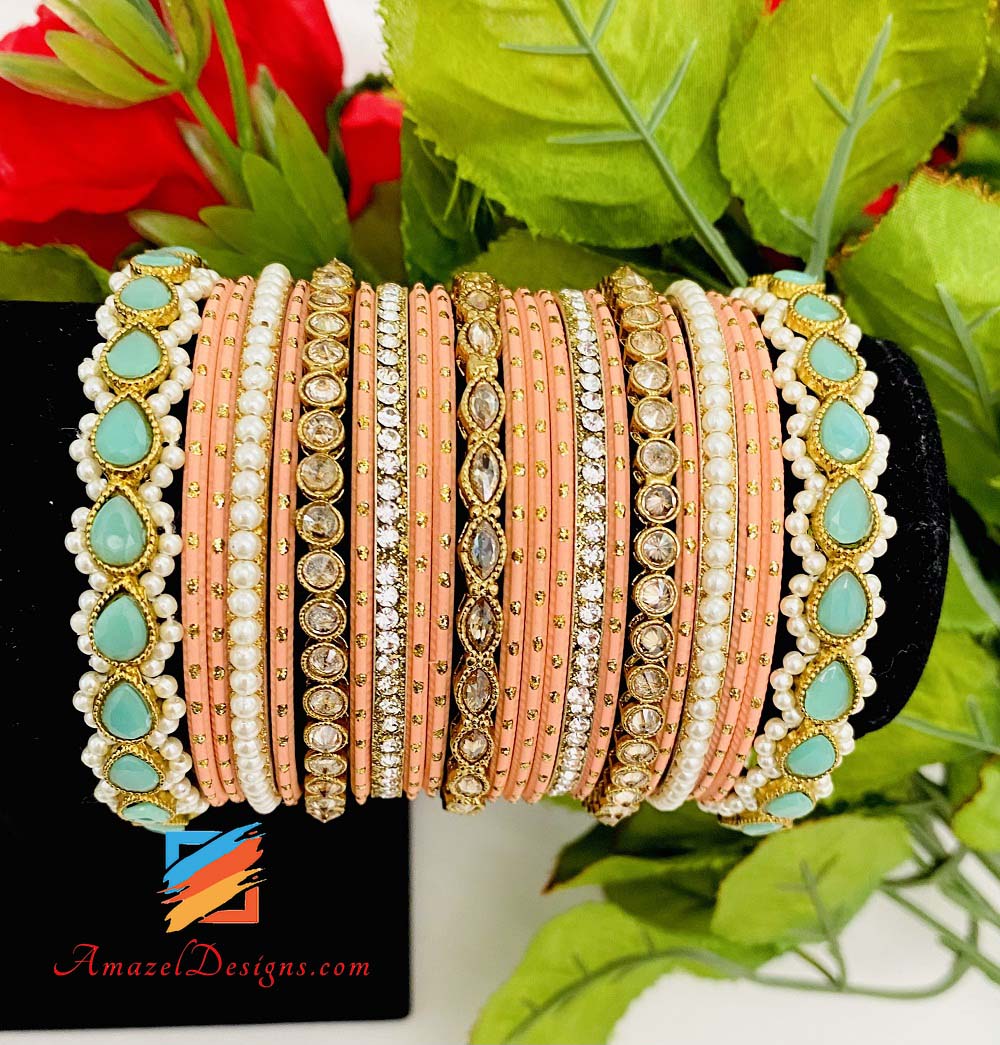Champagne Peach Mint Polki Bangle Set