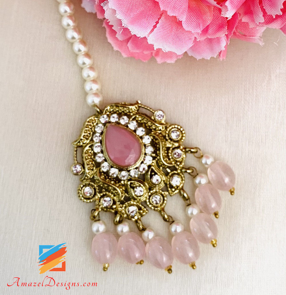 Rosa Choker Halskette Ohrringe Passa Tikka Set