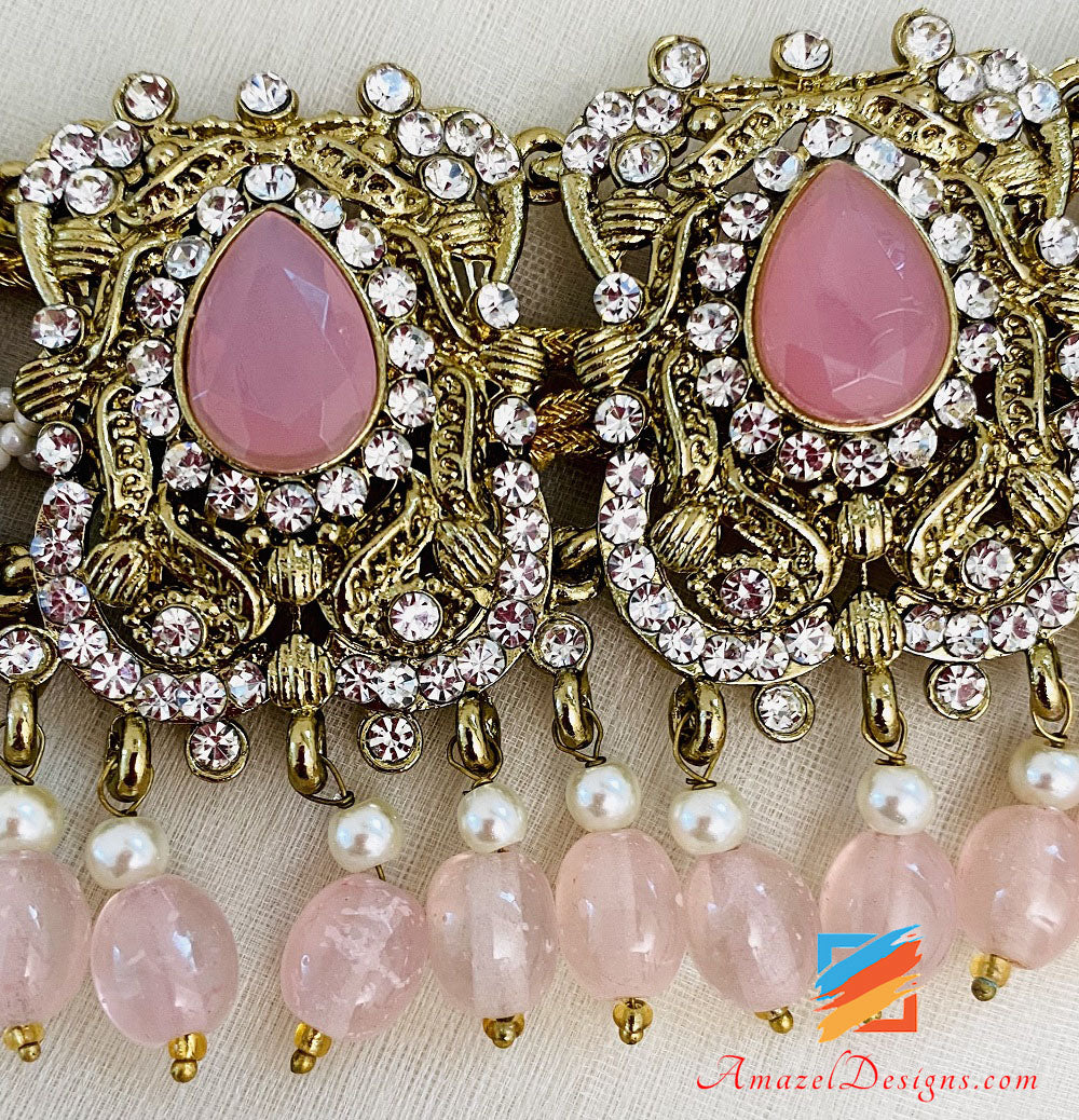 Rosa Choker Halskette Ohrringe Passa Tikka Set