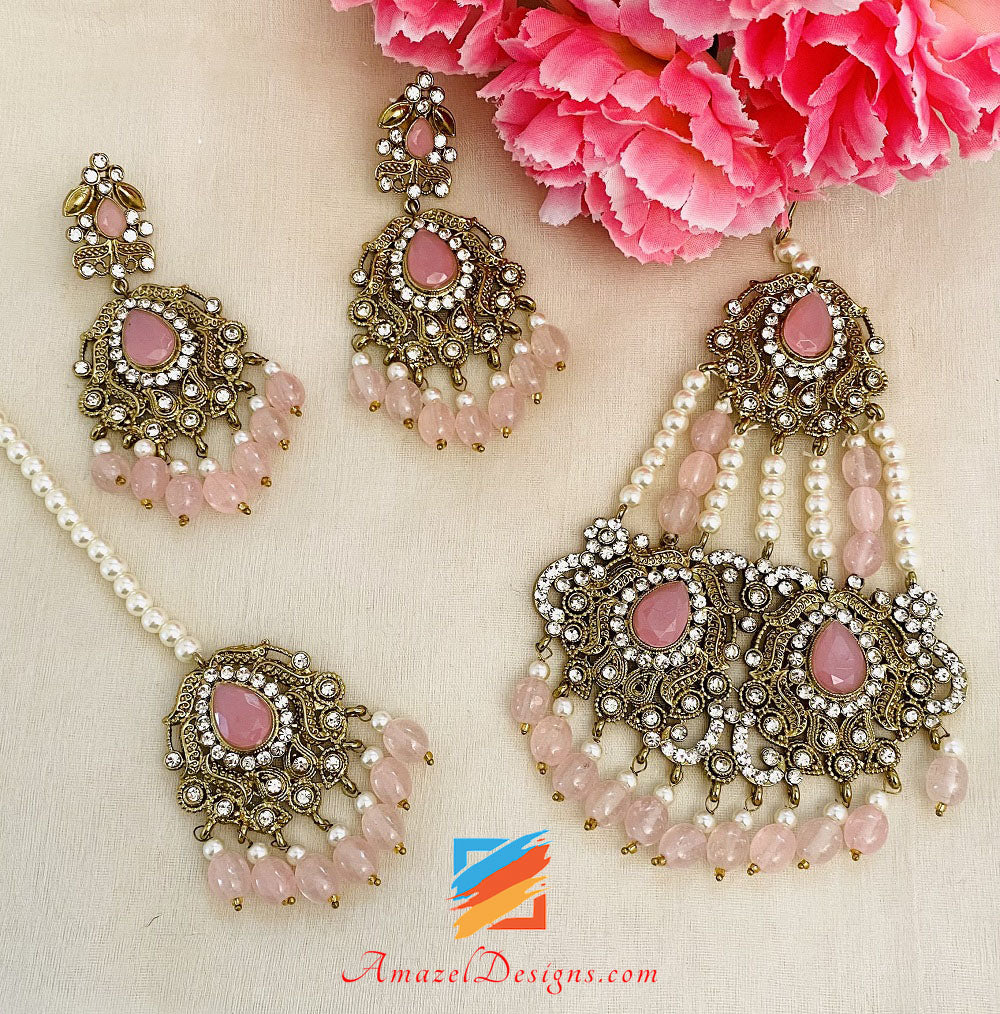 Rosa Choker Halskette Ohrringe Passa Tikka Set