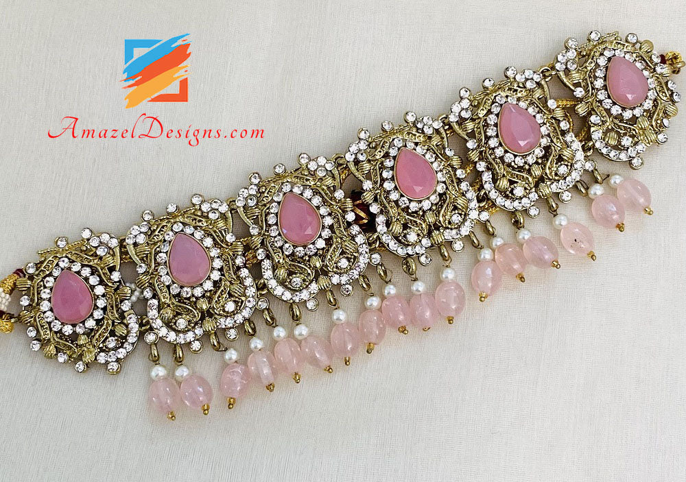 Rosa Choker Halskette Ohrringe Passa Tikka Set