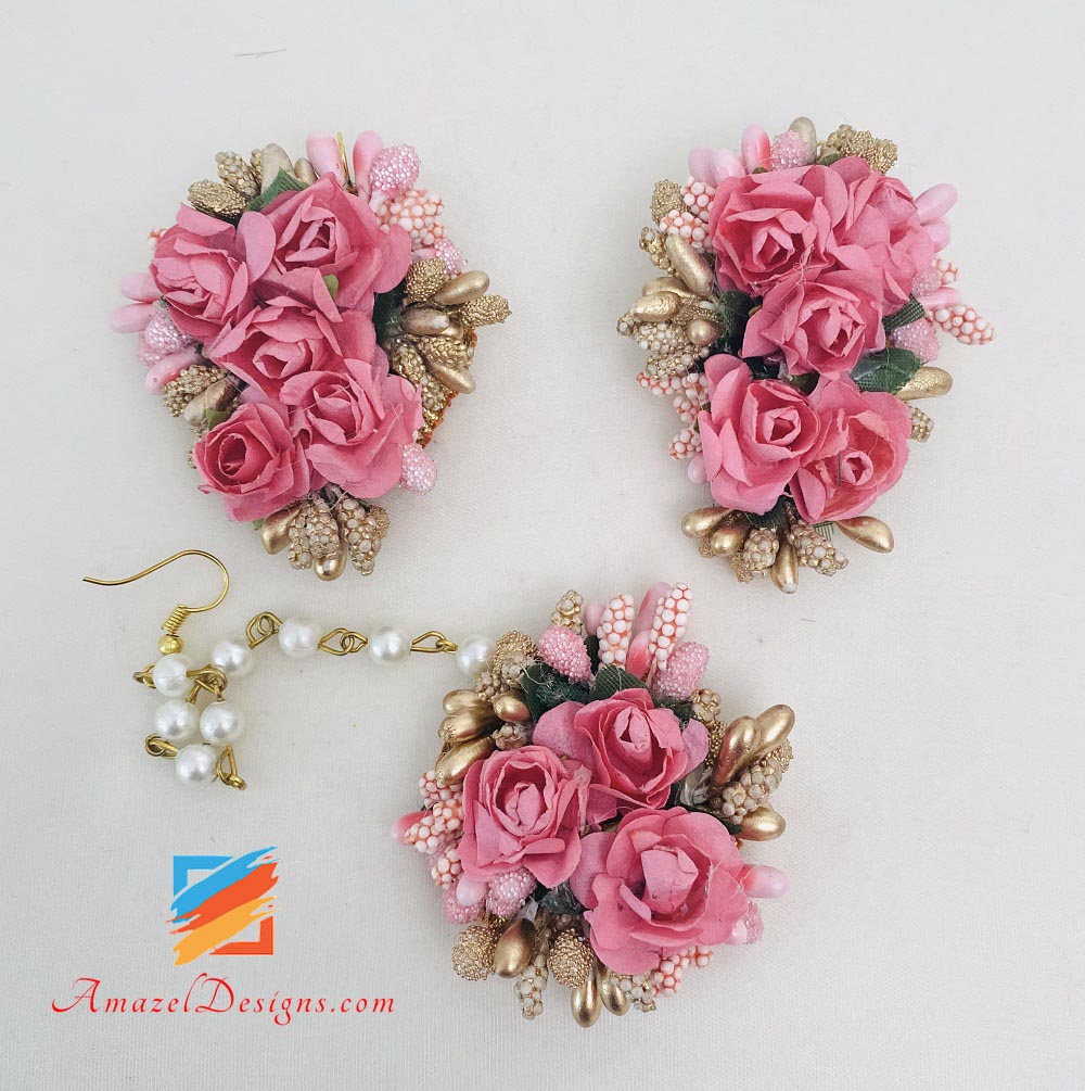 Pink Choker With Long Mala Earrings Tikka