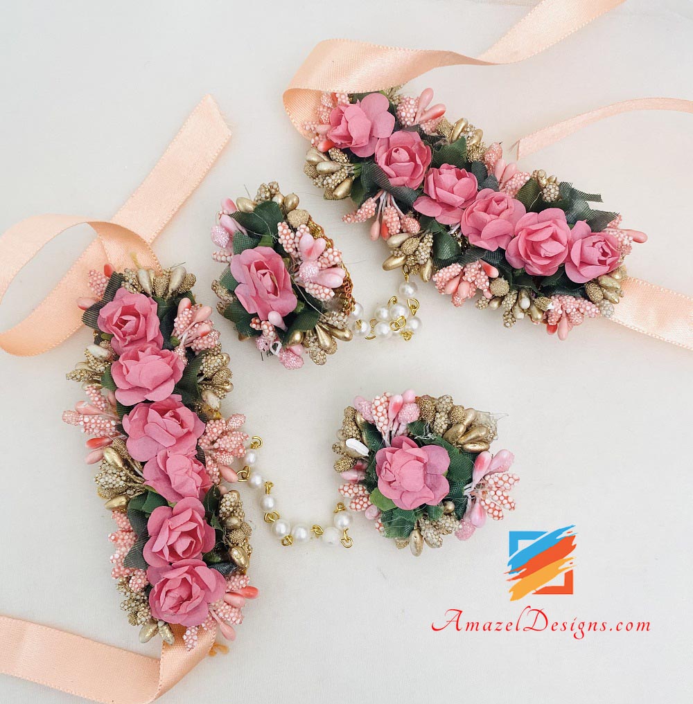 Pink Choker With Long Mala Earrings Tikka