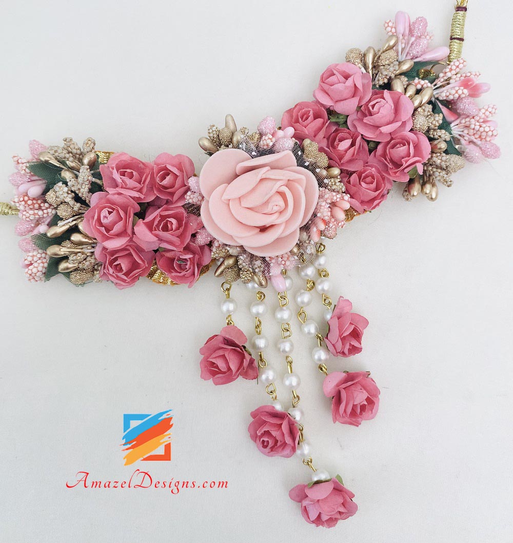 Pink Choker With Long Mala Earrings Tikka